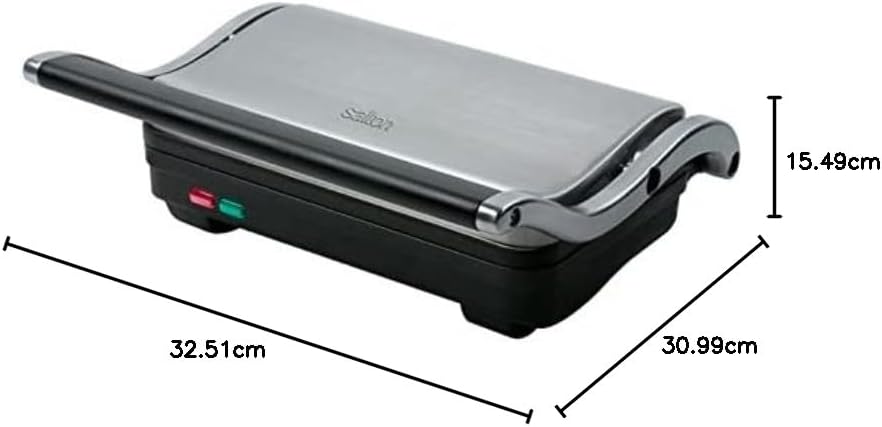Salton Stainless Steel Electric Grill & Panini Press with Floating Hinged Lid for any Sandwich Thickness, Indicator Lights & Non-Stick Grill, 7" X 10", 1000W
