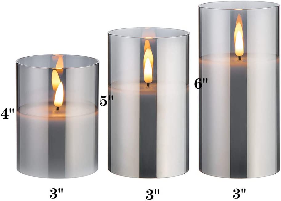 Eywamage Gray Glass Flameless Candles with Remote, Flickering LED Battery Candles 3 Pack for Home Seasonal Decor Gifts, D 3in H 4in 5in 6in