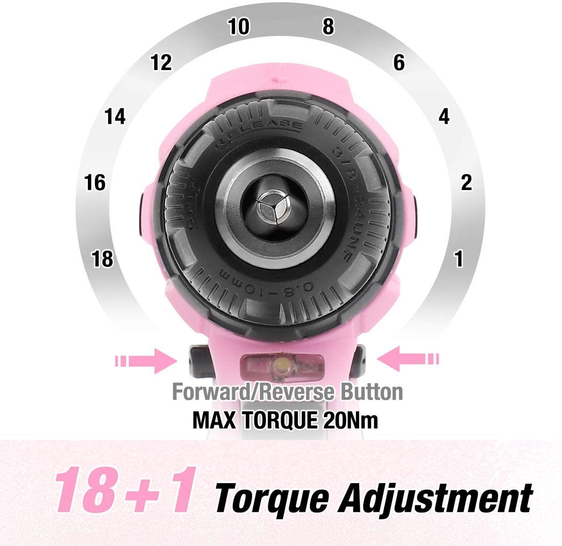 WORKPRO 12V Pink Cordless Drill Driver Set, 18+1 Torque Setting