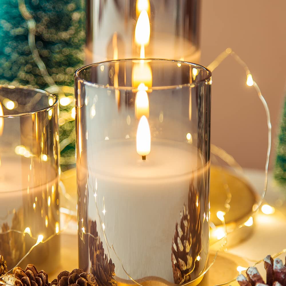 Eywamage Gray Glass Flameless Candles with Remote, Flickering LED Battery Candles 3 Pack for Home Seasonal Decor Gifts, D 3in H 4in 5in 6in