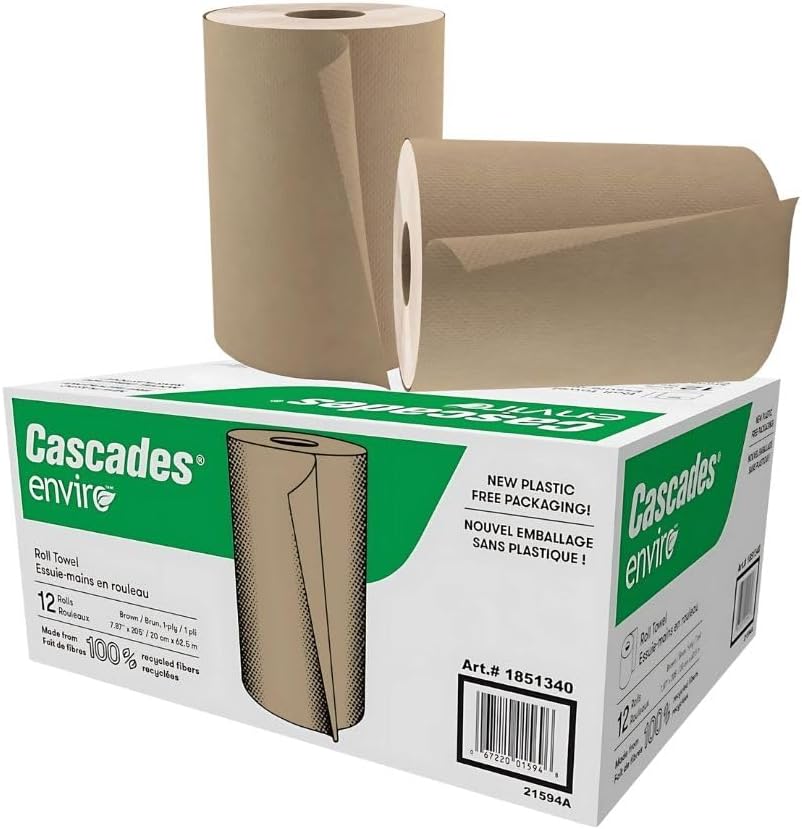 Strong & Absorbent 1-Ply Hand Roll Towels - Fits Universal Dispensers - 600 Sheets per Roll, 12 Rolls per Box - Natural Brown