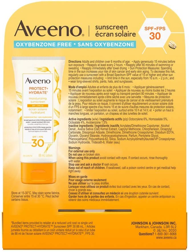 Aveeno Sun Aveeno Protect and Hydrate Face and Body Sunscreen Spf 30 Duo Pack, Water and Sweat Resistant, Oxybenzone Free, 2 Bottle Pack, 88 Milliliters