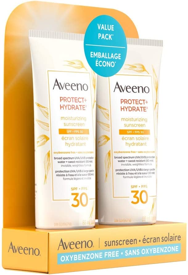Aveeno Sun Aveeno Protect and Hydrate Face and Body Sunscreen Spf 30 Duo Pack, Water and Sweat Resistant, Oxybenzone Free, 2 Bottle Pack, 88 Milliliters