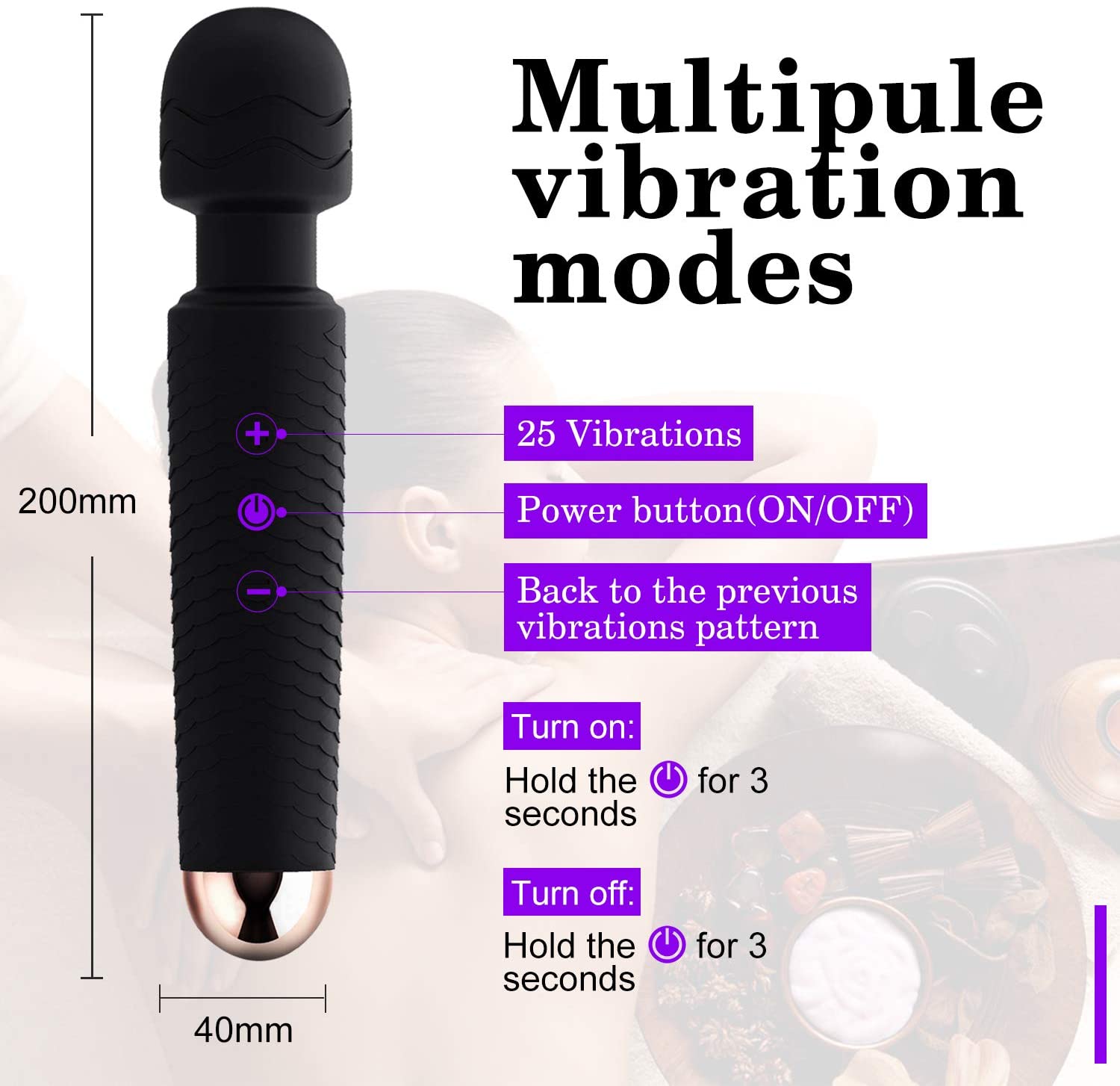 Wand Massager, Rechargeable Wireless Massager Tool with 25 Powerful Vibration Mode for Back Neck Shoulder Muscle Aches Sport Recovery (Black)