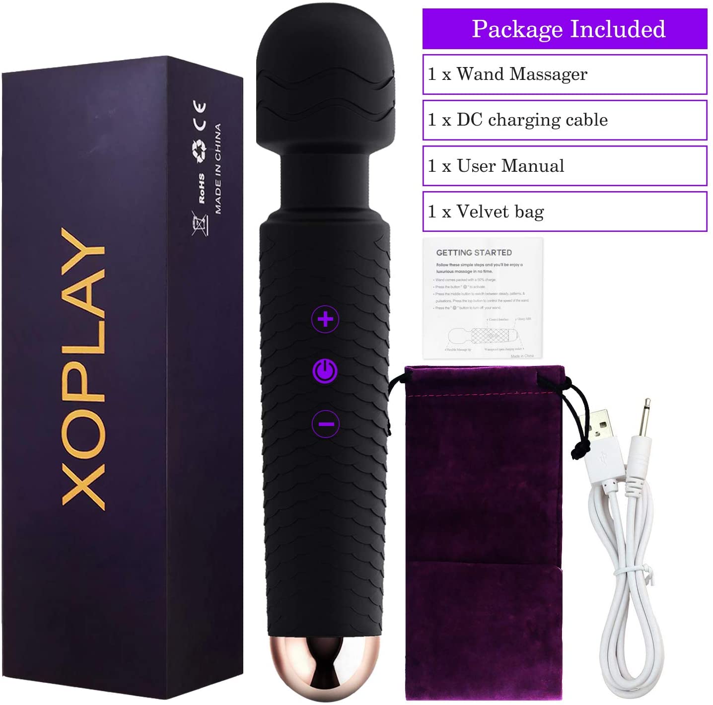 Wand Massager, Rechargeable Wireless Massager Tool with 25 Powerful Vibration Mode for Back Neck Shoulder Muscle Aches Sport Recovery (Black)