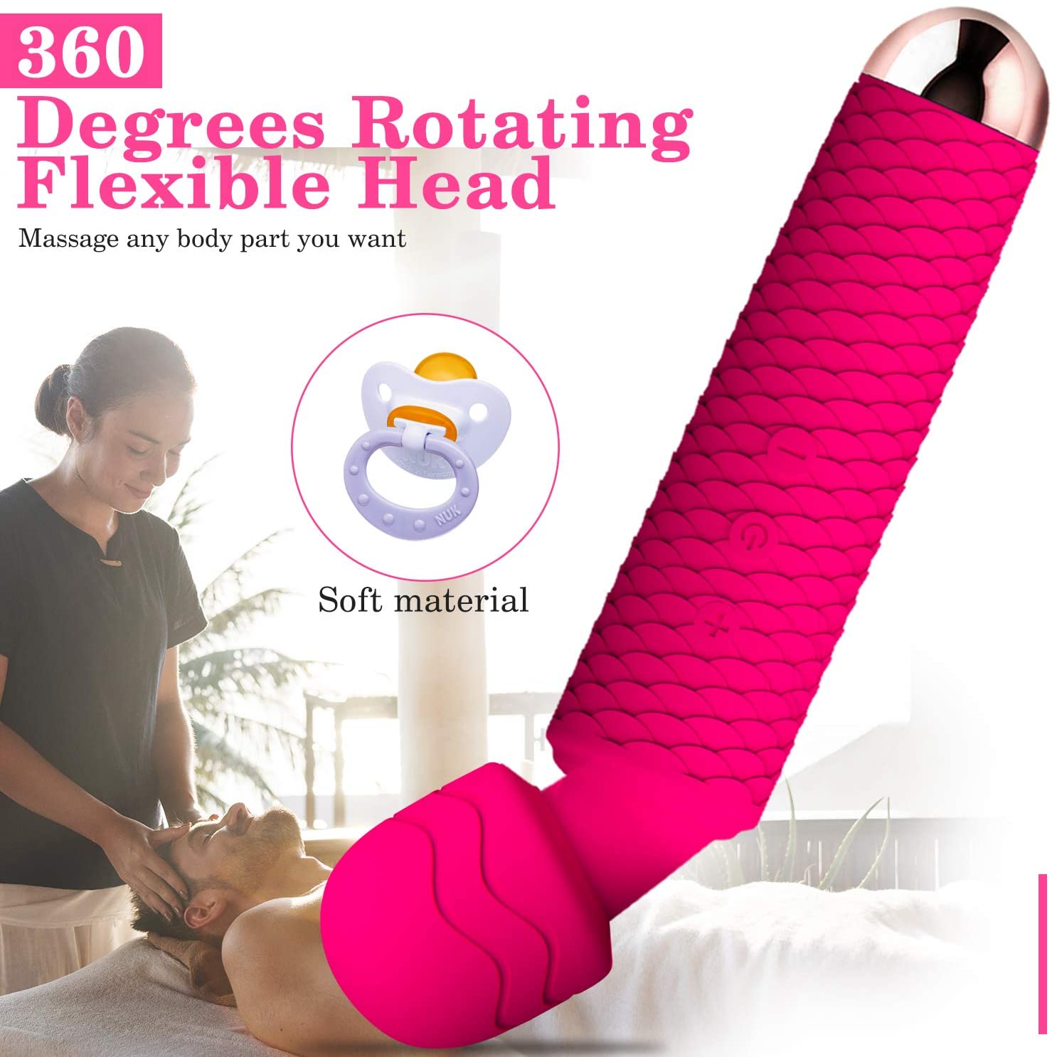 Wand Massager, Rechargeable Wireless Massager Tool with 25 Powerful Vibration Mode for Back Neck Shoulder Muscle Aches Sport Recovery (Rose)