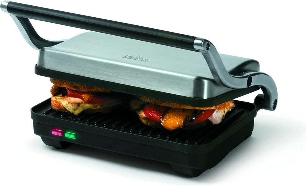 Salton Stainless Steel Electric Grill & Panini Press with Floating Hinged Lid for any Sandwich Thickness, Indicator Lights & Non-Stick Grill, 7" X 10", 1000W