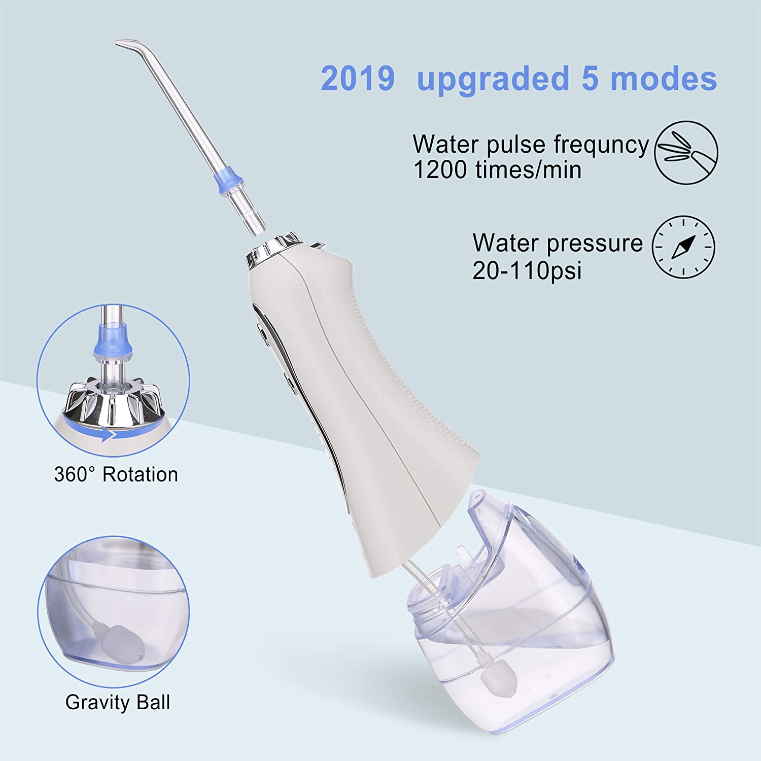 H2ofloss Water Flosser Portable Dental Oral Irrigator with 5 Modes, 6 Replaceable Jet Tips