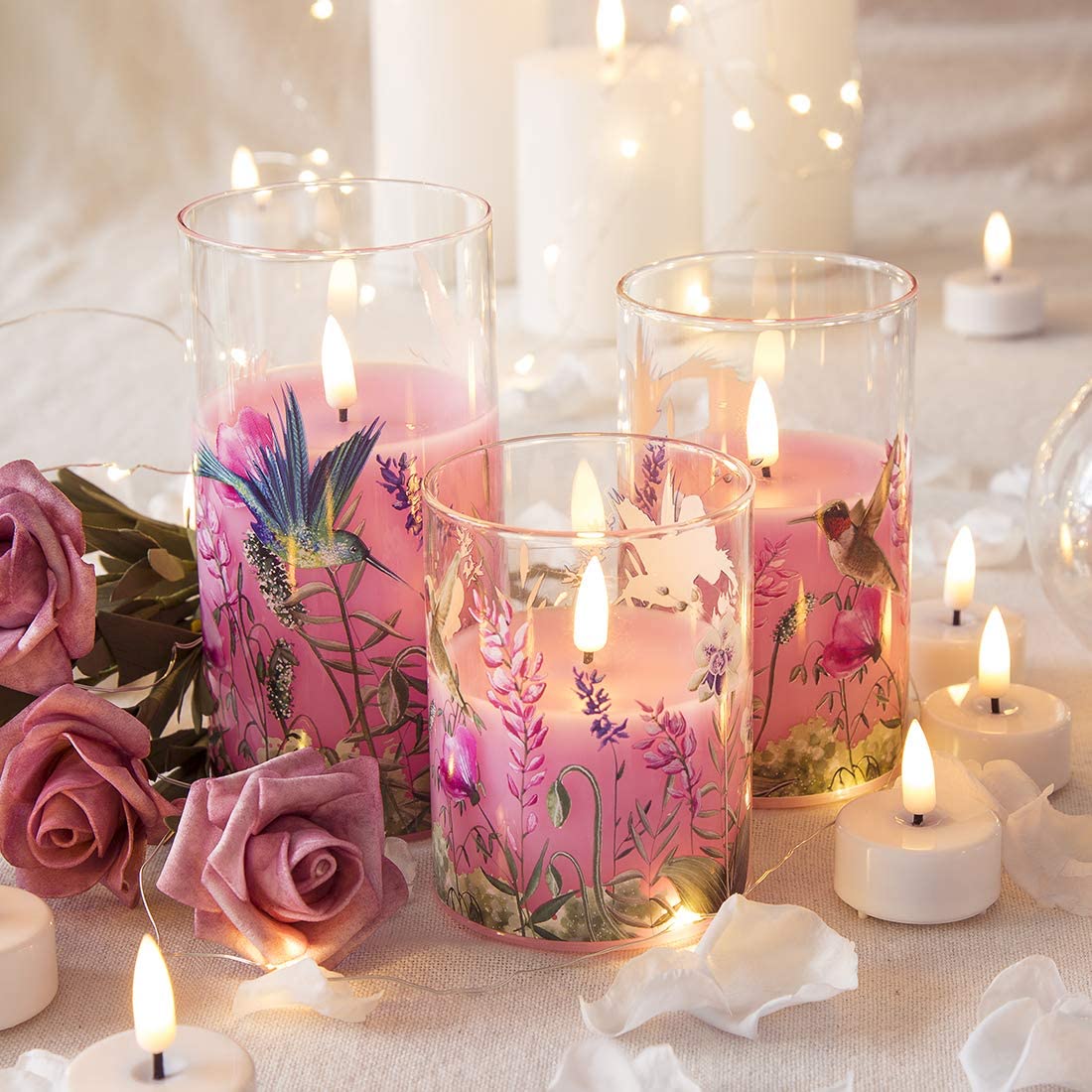 Eywamage Hummingbird Pink Floral Glass Flameless Candles with Remote, 3 Pack Flickering LED Battery Can