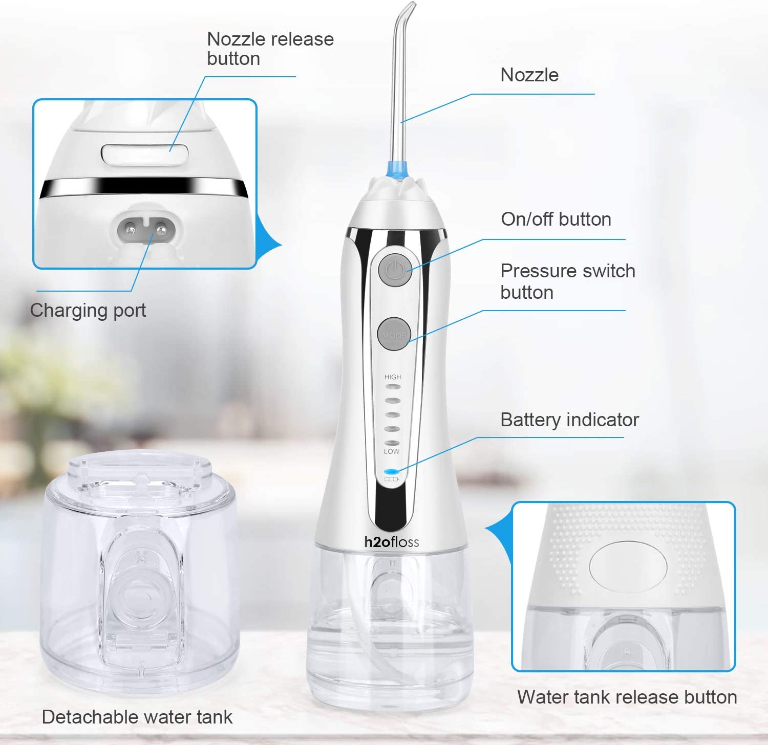 H2ofloss Cordless Water Dental Flosser, Portable Oral Irrigator for Teeth, Braces, Rechargeable & IPX7 Waterproof Teeth Cleaner for Home Travel