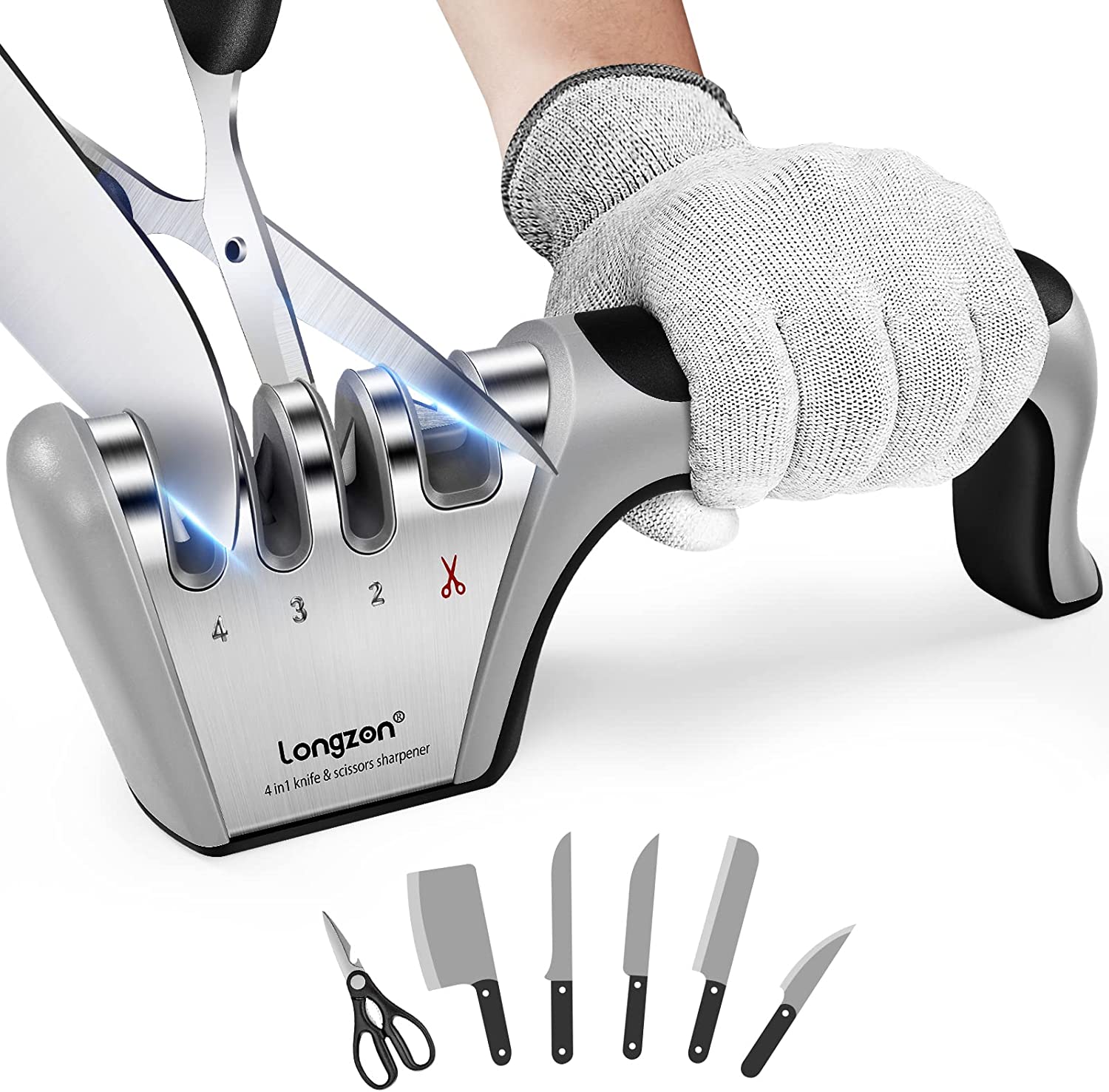 longzon [4 Stage] Knife Sharpener, Original Premium Polish Blades,4-in-1 Best Kitchen Knife Sharpener