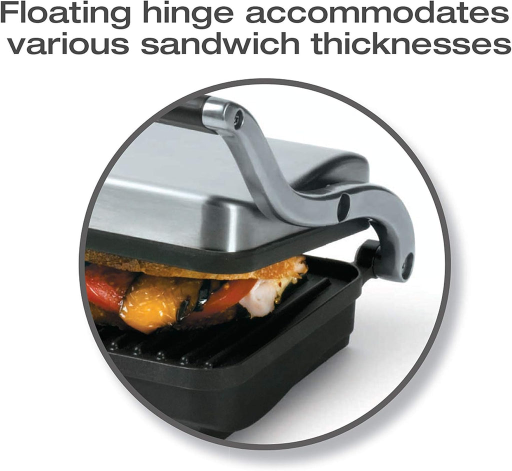 Salton Stainless Steel Electric Grill & Panini Press with Floating Hinged Lid for any Sandwich Thickness, Indicator Lights & Non-Stick Grill, 7" X 10", 1000W