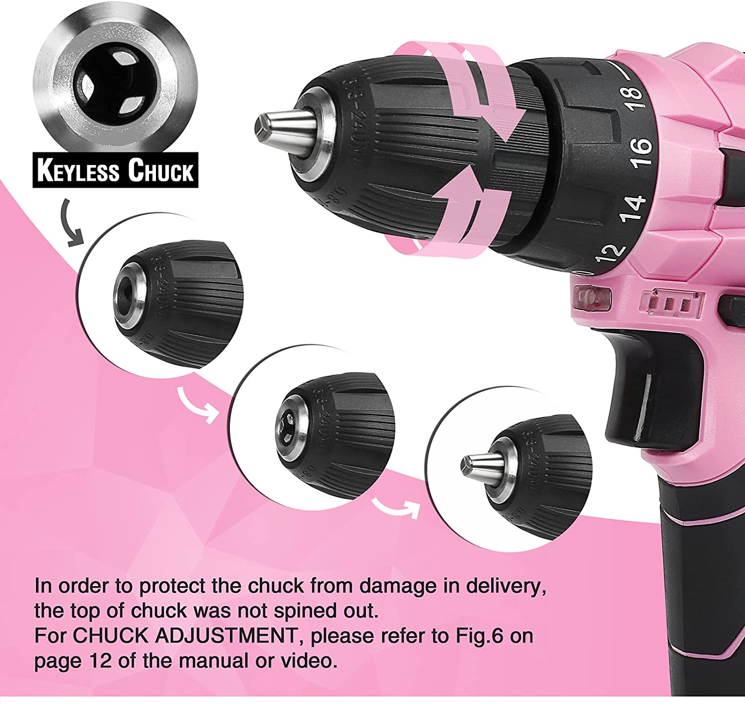 WORKPRO 12V Pink Cordless Drill Driver Set, 18+1 Torque Setting