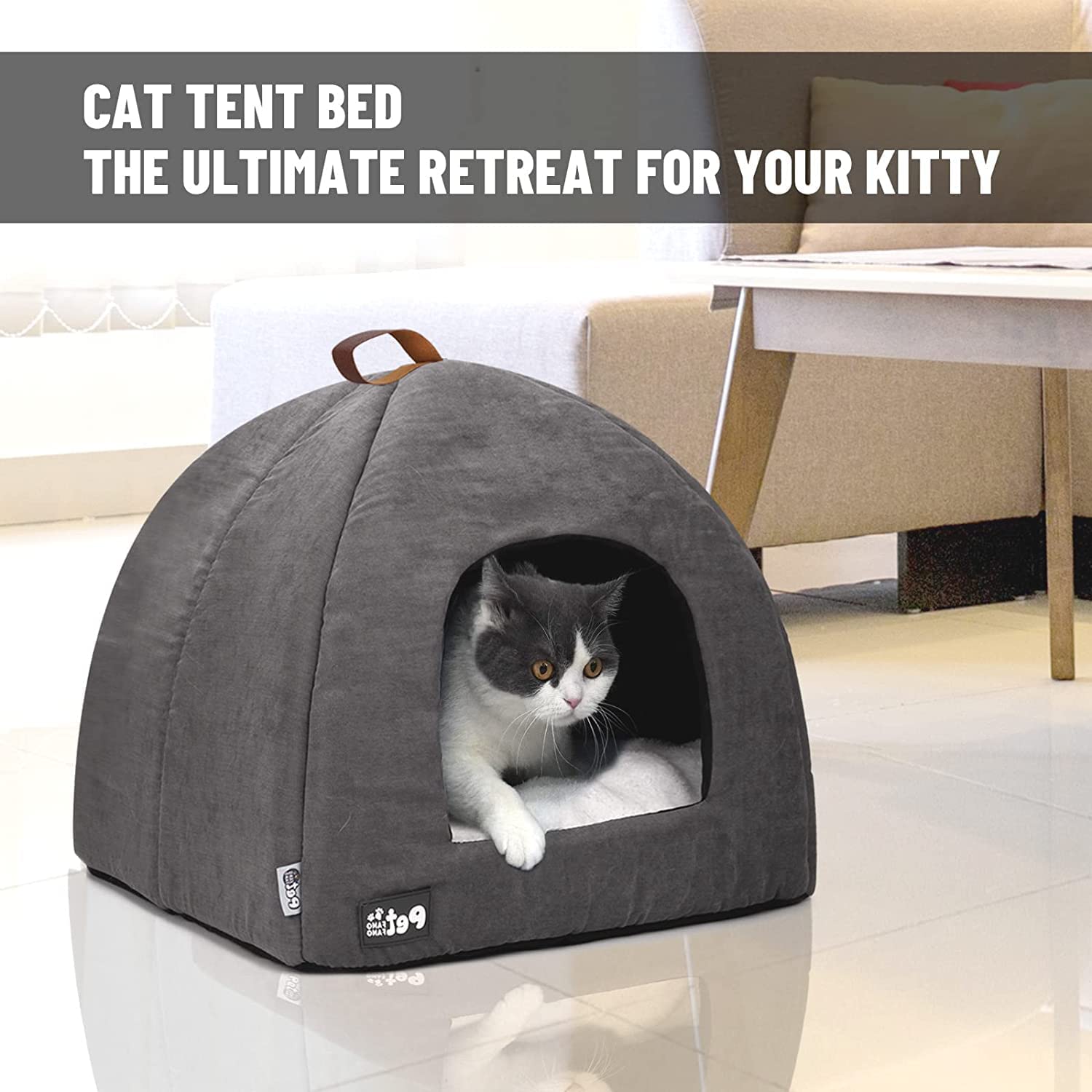 COSOC 2-In-1  Enclosed Small Animal Bed With Removable Washable Cushioned Pillow, (Medium, Grey)
