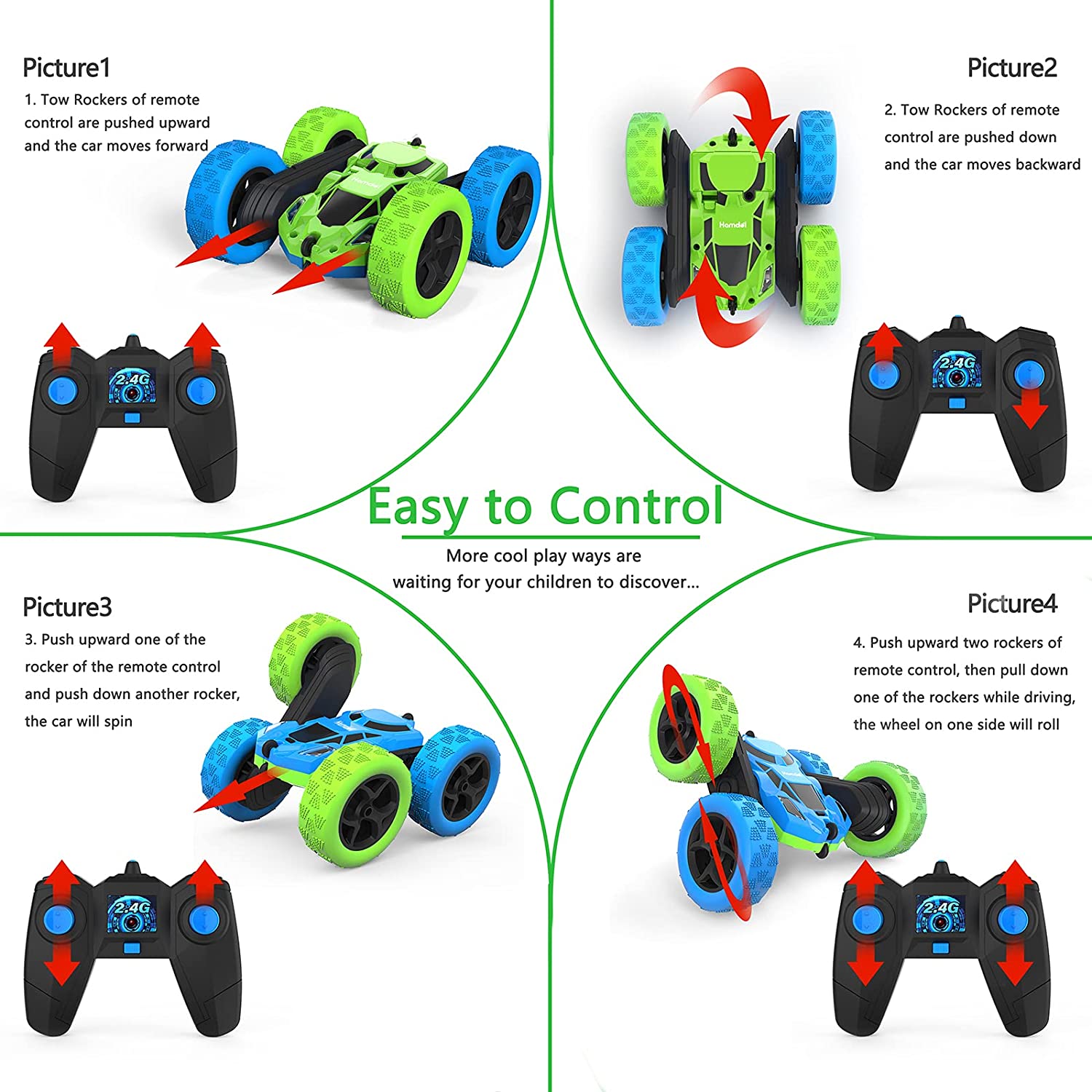 Hamdol Remote Control Car Double Sided 360°Rotating 4WD RC Cars with Headlights 2.4GHz Electric Race Stunt Toy Car Rechargeable Toy Cars for Boys Girls Birthday