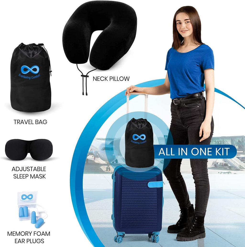 Everlasting Comfort Memory Foam Travel Pillow  Airplane Neck Rest & Plane Accessories (Black)
