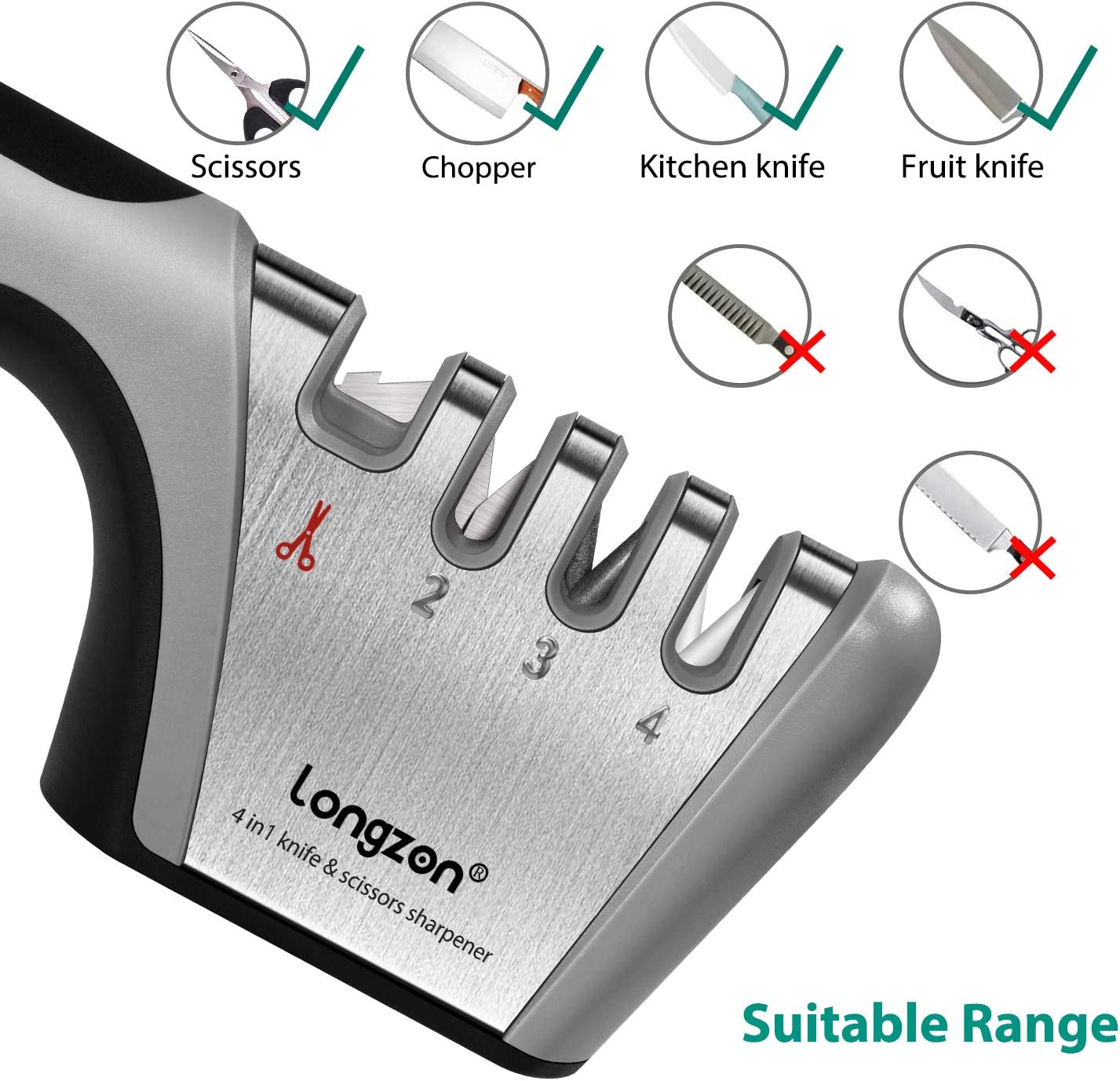longzon [4 Stage] Knife Sharpener, Original Premium Polish Blades,4-in-1 Best Kitchen Knife Sharpener