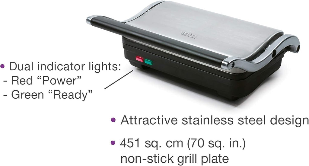 Salton Stainless Steel Electric Grill & Panini Press with Floating Hinged Lid for any Sandwich Thickness, Indicator Lights & Non-Stick Grill, 7" X 10", 1000W