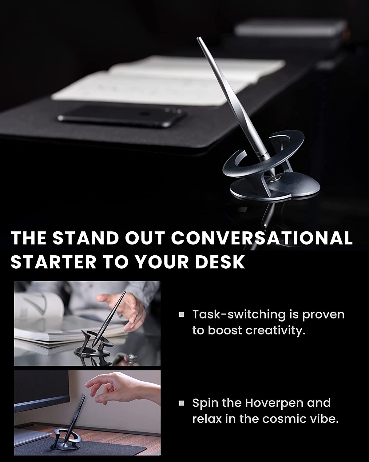 Novium Hoverpen 2.0 - Futuristic Luxury Pen, Freely Suspended to Spin (Space Black, Basic)