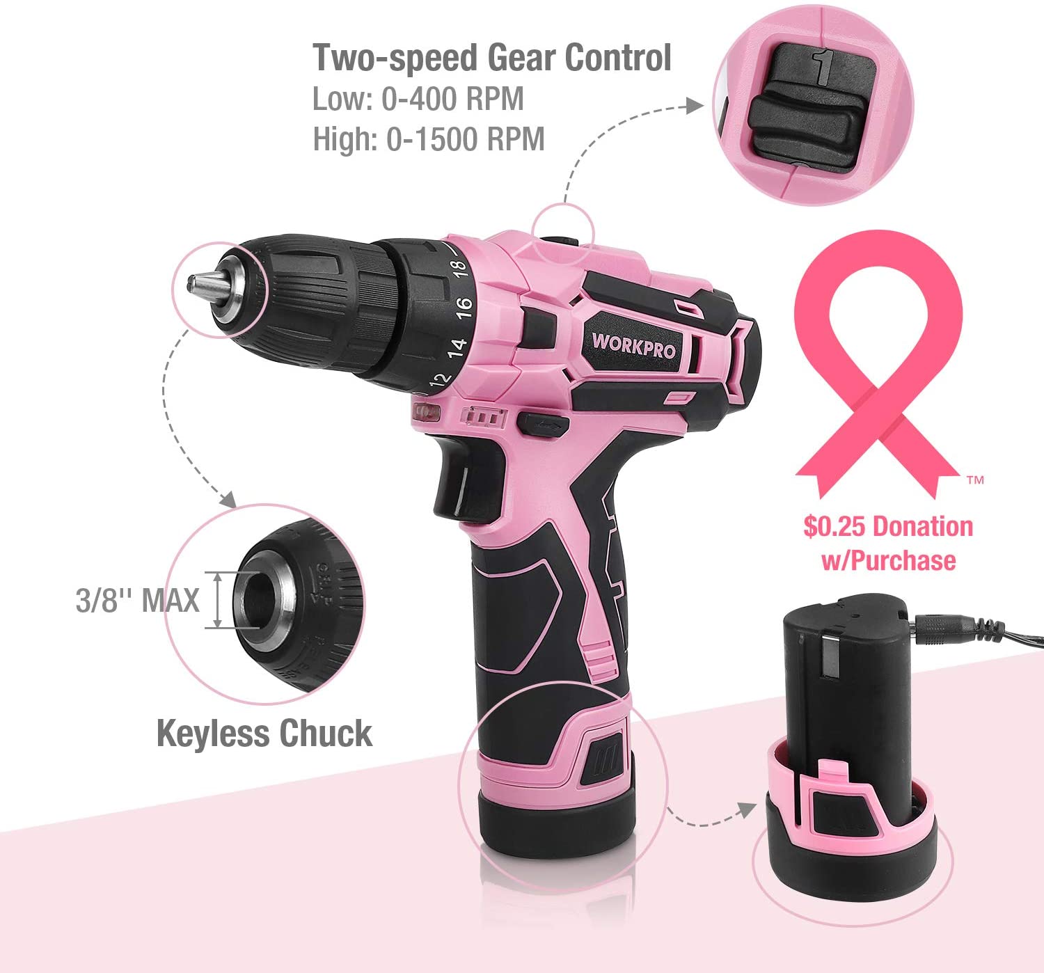 WORKPRO 12V Pink Cordless Drill Driver Set, 18+1 Torque Setting