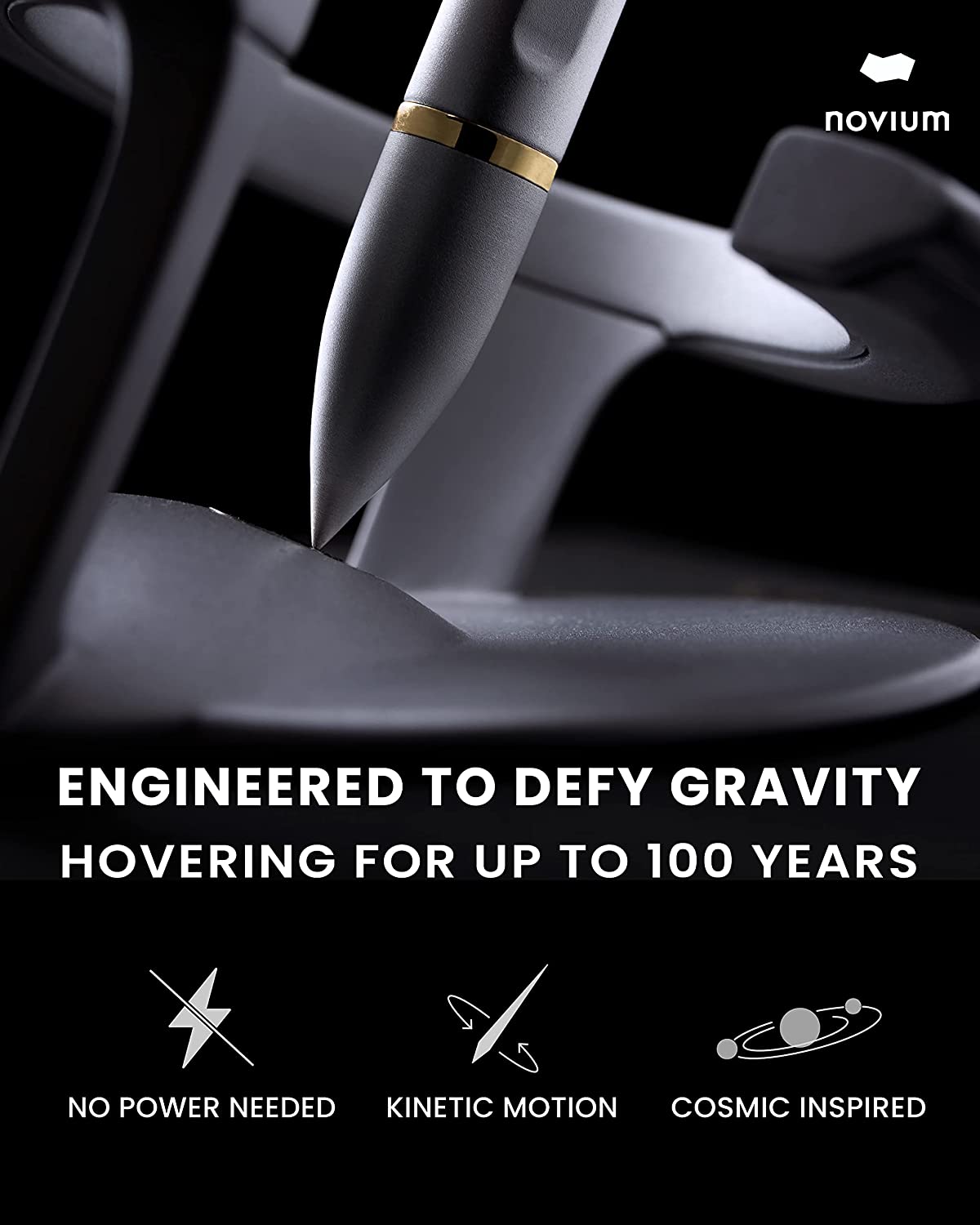 Novium Hoverpen 2.0 - Futuristic Luxury Pen, Freely Suspended to Spin (Space Black, Basic)