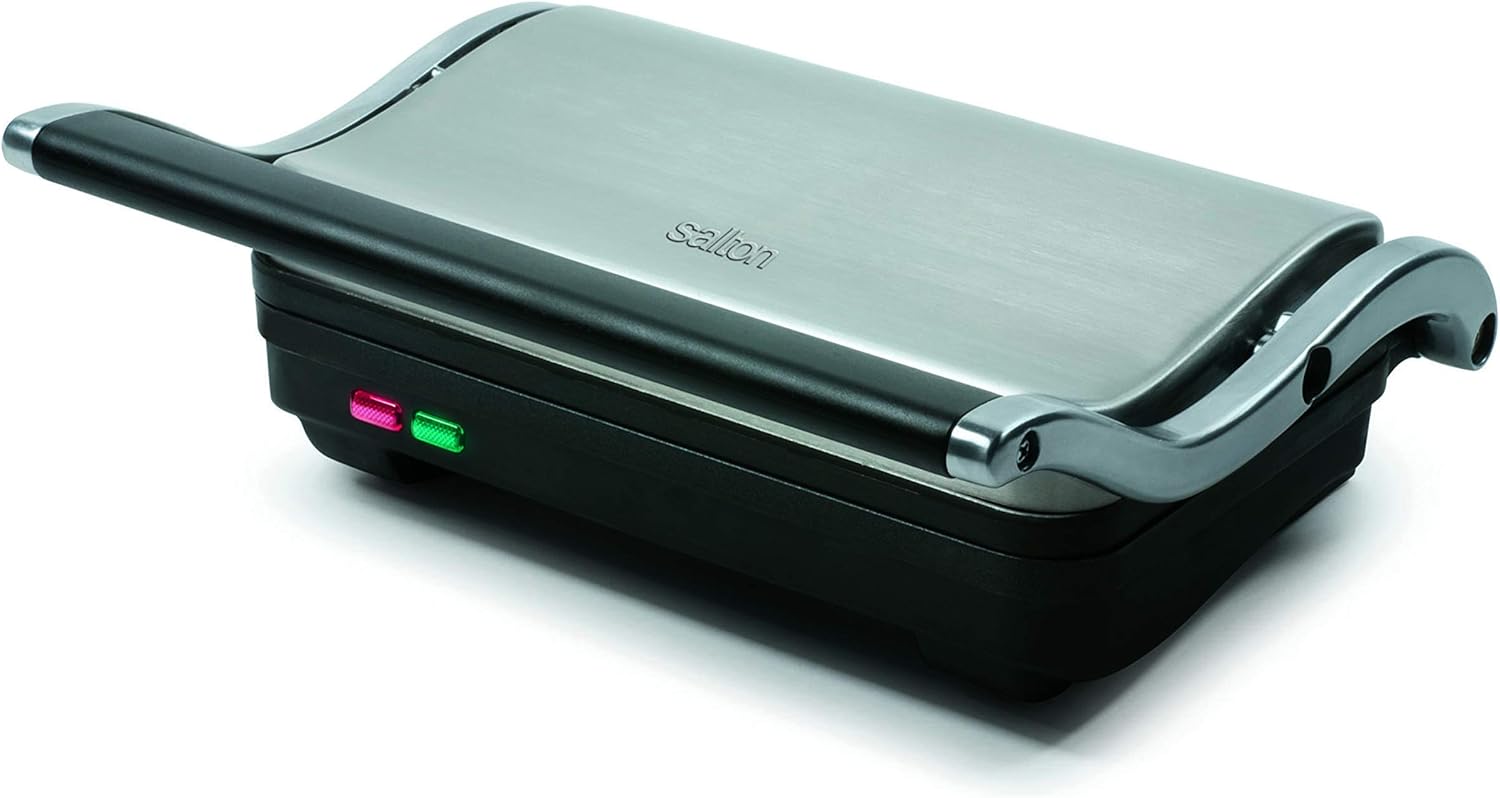 Salton Stainless Steel Electric Grill & Panini Press with Floating Hinged Lid for any Sandwich Thickness, Indicator Lights & Non-Stick Grill, 7" X 10", 1000W