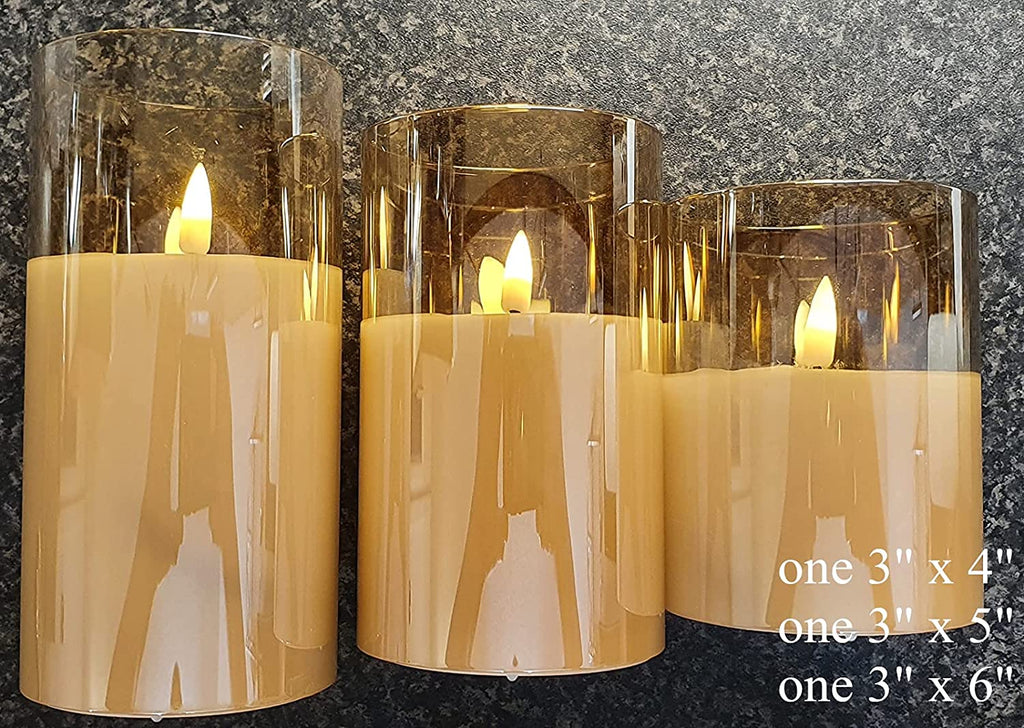 Eywamage Glass Flameless Candles with Remote Flickering Real Wax Wick LED Pillar Candles Battery Operated 3 Pack D 3 inch H 4 inch 5 inch 6 inch Gold