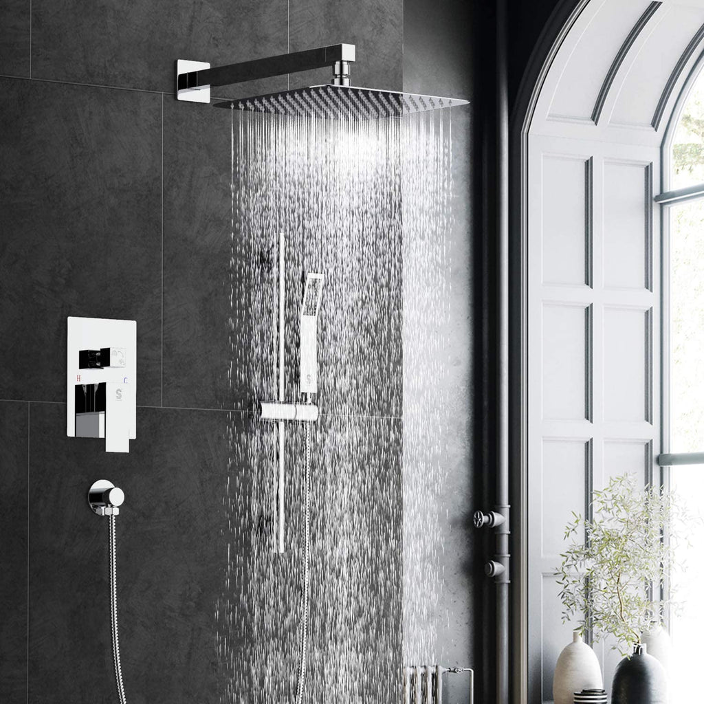 SR SUN RISE 12 Inch Dual-Function Shower Trim Kit with Adjustable Angle Slide bar, Brass Pressure Balancing Shower Faucet Valve,12 Inch Rain Shower Head,Brass Handheld Shower System