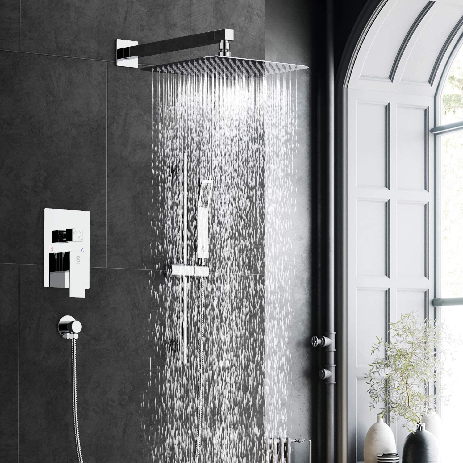 SR SUN RISE 12 Inch Dual-Function Shower Trim Kit with Adjustable Angle Slide bar, Brass Pressure Balancing Shower Faucet Valve,12 Inch Rain Shower Head,Brass Handheld Shower System