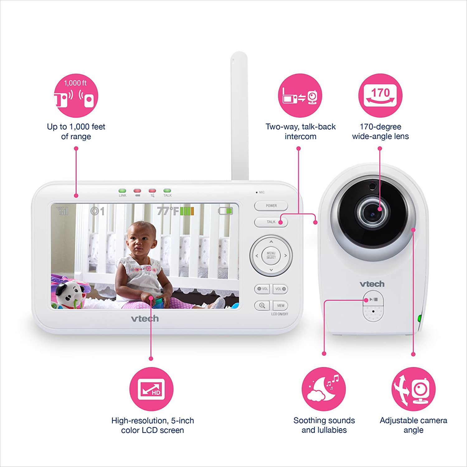 VTech VM351 5” Video Baby Monitor with Changeable Wide-Angle Optical Lens and Standard Optical Lens