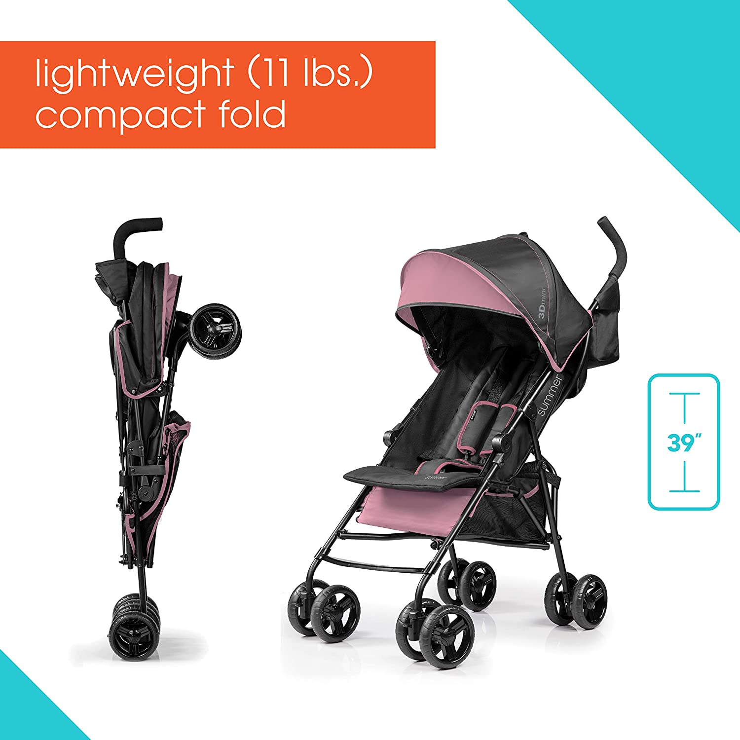 Summer 3Dmini Convenience Stroller, Pink Lightweight Infant Stroller with Compact Fold
