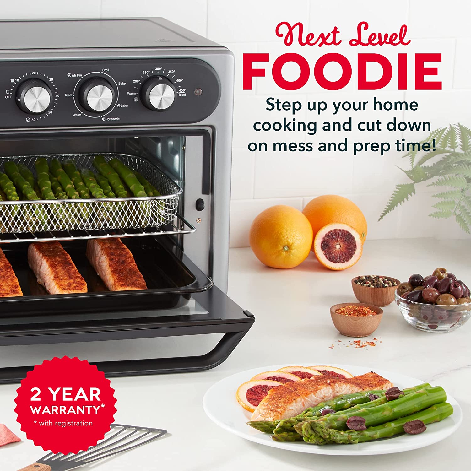 Dash Chef Series 7 in 1 Convection Toaster Oven Cooker, Rotisserie + Electric Air Fryer with Non-stick Fry Basket