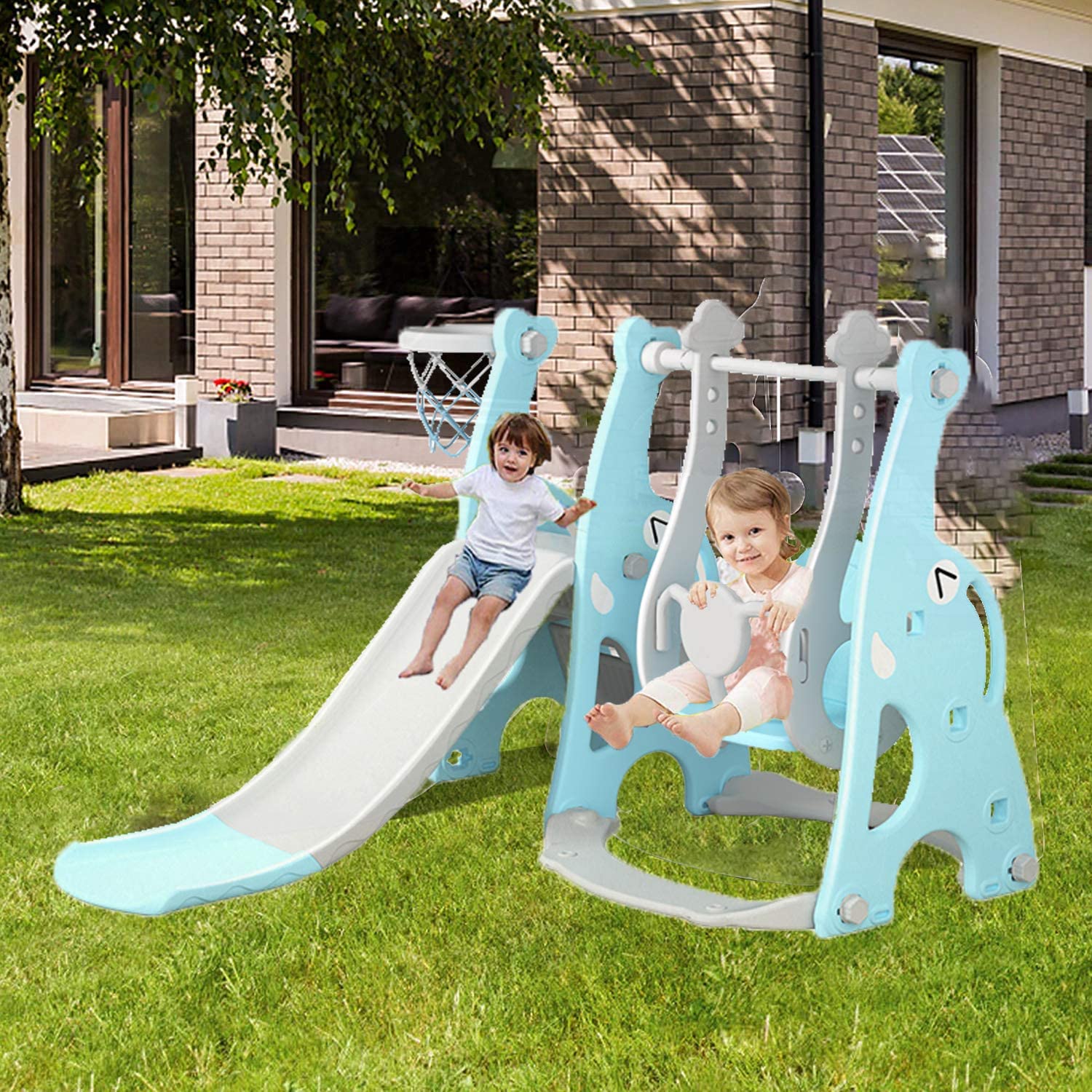 4-in-1 Slide and Swing Set with Climber and Basketball Hoop,Play Climber Slides Playset