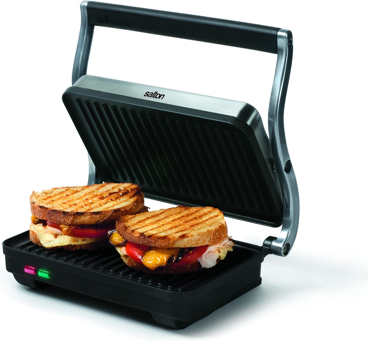 Salton Stainless Steel Electric Grill & Panini Press with Floating Hinged Lid for any Sandwich Thickness, Indicator Lights & Non-Stick Grill, 7" X 10", 1000W