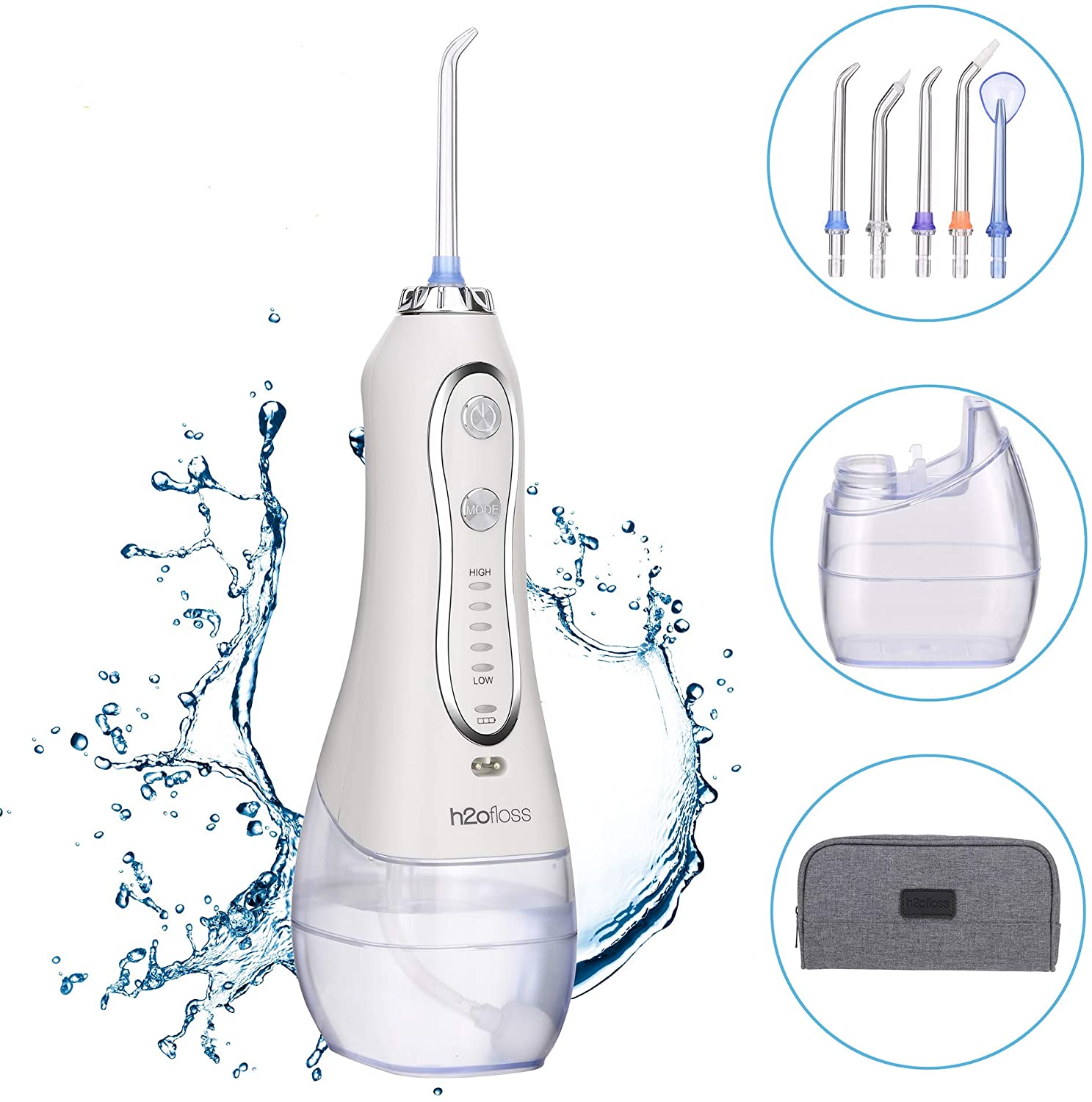 H2ofloss Water Flosser Portable Dental Oral Irrigator with 5 Modes, 6 Replaceable Jet Tips