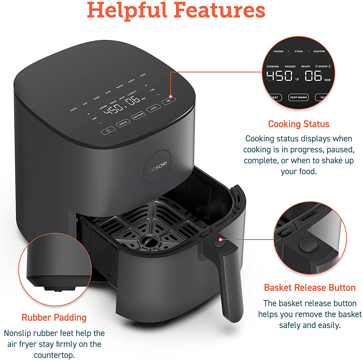 COSORI Air Fryer, 5 Quart Compact Oilless Oven, 30 Recipes, Up to 450℉, 9 One-Touch Cooking Functions