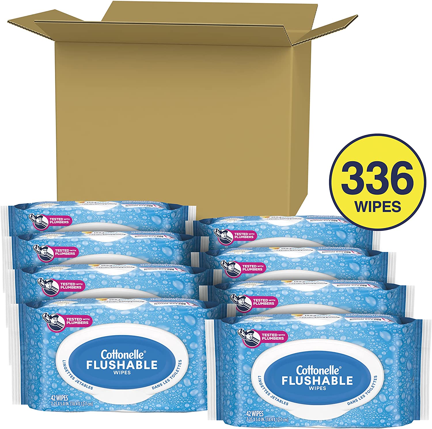 Cottonelle FreshFeel Flushable Wet Wipes for Adults and Kids, 8 Flip-Top Packs, 42 Wipes per Pack (336 Wipes Total)