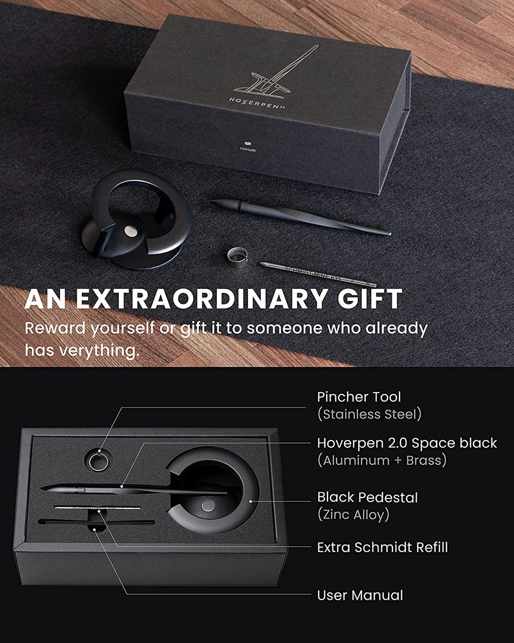 Novium Hoverpen 2.0 - Futuristic Luxury Pen, Freely Suspended to Spin (Space Black, Basic)