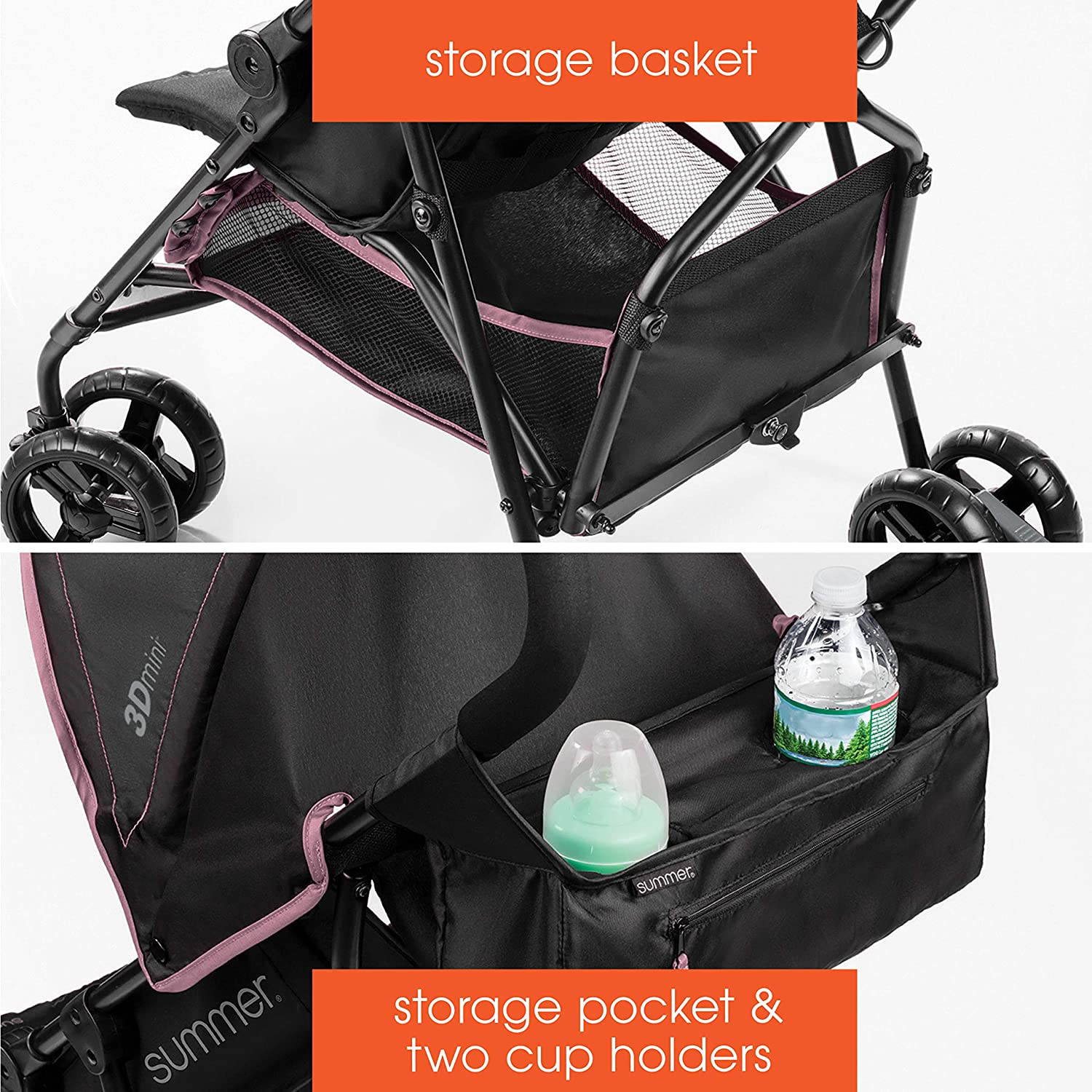 Summer 3Dmini Convenience Stroller, Pink Lightweight Infant Stroller with Compact Fold