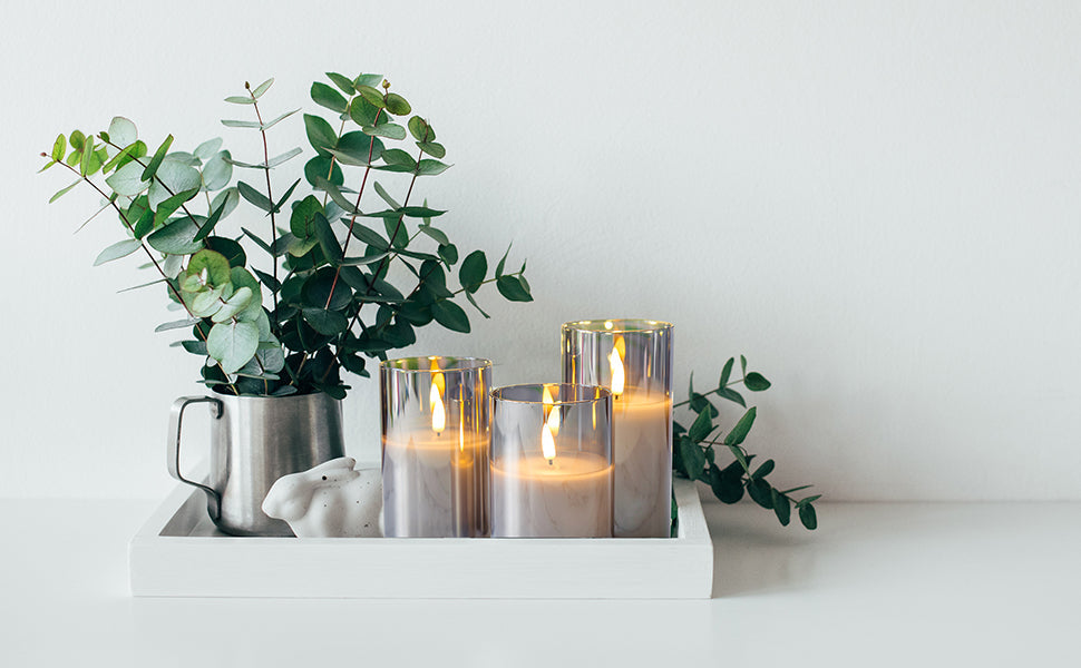 Eywamage Gray Glass Flameless Candles with Remote, Flickering LED Battery Candles 3 Pack for Home Seasonal Decor Gifts, D 3in H 4in 5in 6in