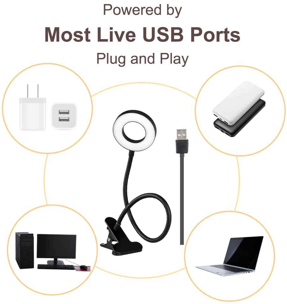 Bekada LED Desk Light with Clamp for Video Conference Lighting, Clip on LED Ring Light for Computer Webcam, USB Laptop Light for Zoom Meetings, Reading Light with 3 Color 10 Dimming Level