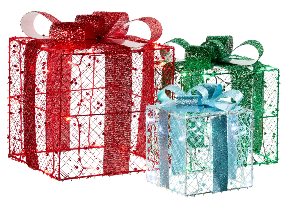 Whimsical 3 Beaded Gift Set Christmas Lawn Décorations, LED Light, 1 1/4-ft